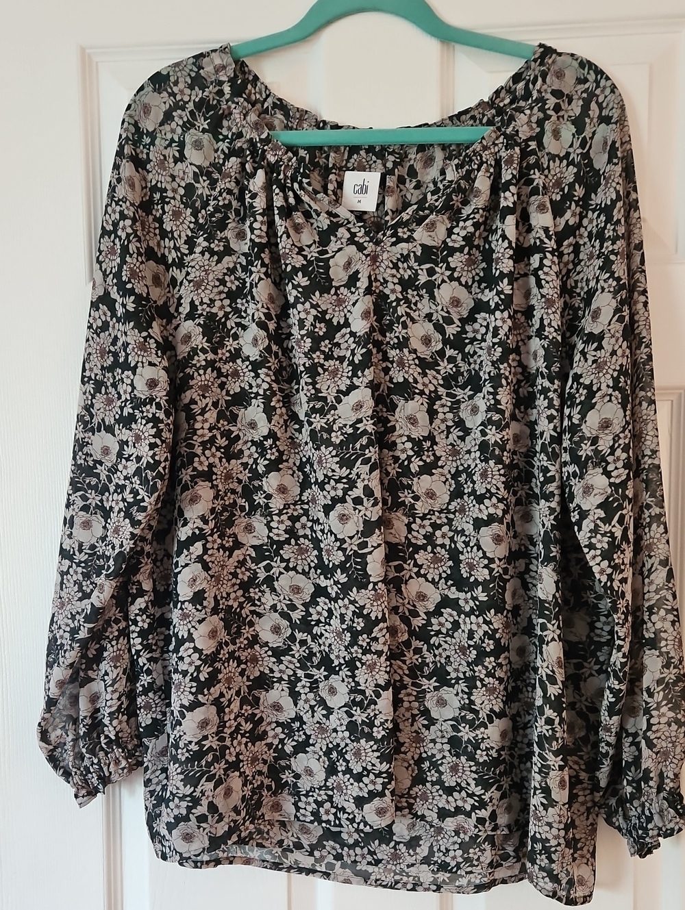CAbi Black and Cream Floral Peasant Top